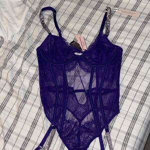 Sheer Lace Bodysuit with Adjustable Straps - Purple